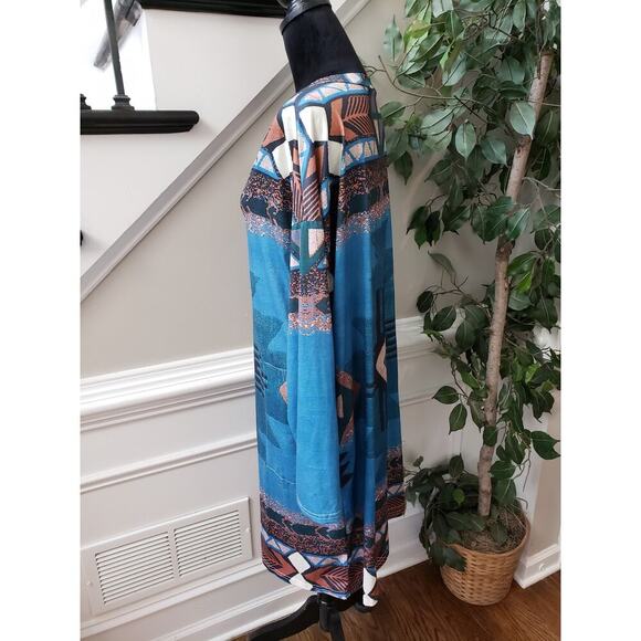 A-Line Dress Women's 2XL Blue Geo Print Stretch Long Sleeve V Neck Side Pockets - Picture 13 of 13